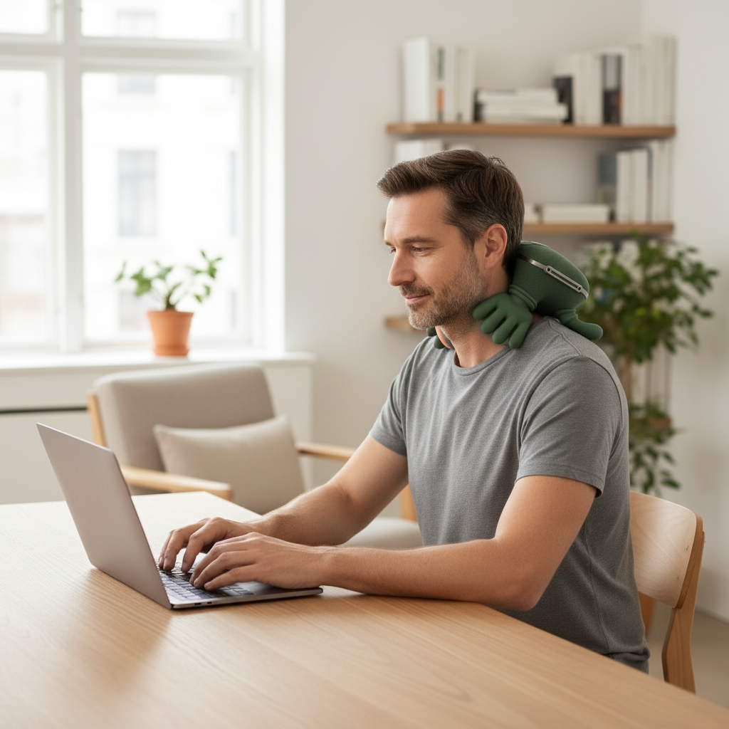 Homme utilisant le masseur en télétravail