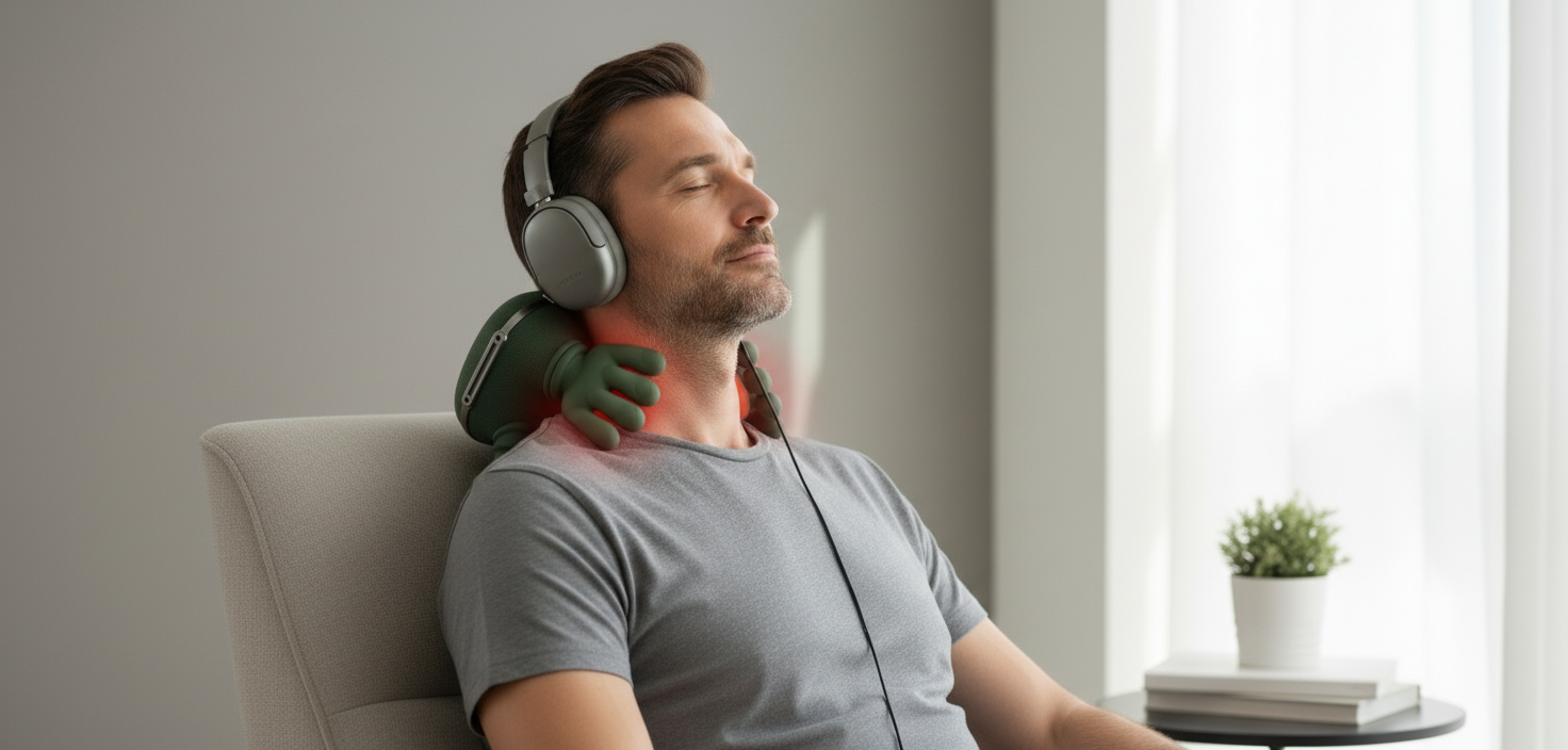 Homme utilisant le masseur en écoutant de la musique